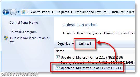 elimina kb2412171 su Outlook 7 Windows