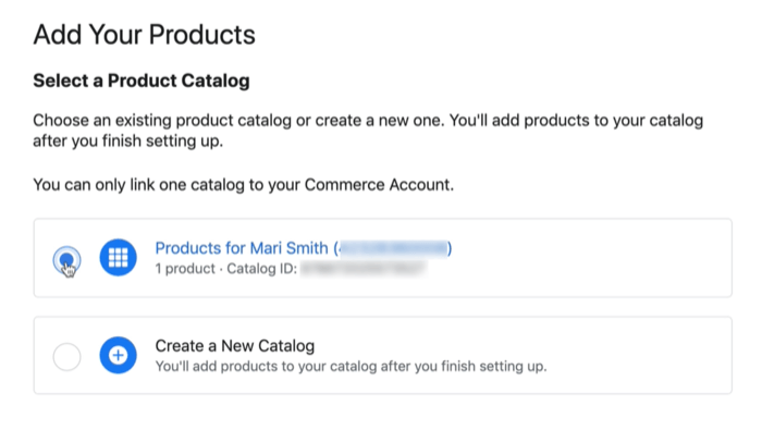 opzione catalogo prodotti facebook per collegare un catalogo esistente o nuovo