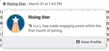 Come utilizzare le funzionalità dei gruppi di Facebook, esempio del badge del gruppo Astro nascente