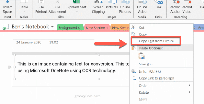 Copia del testo dalle immagini in Microsoft OneNote