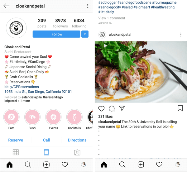 Post di Instagram con clic sul pulsante call to action di @cloakandpetal.