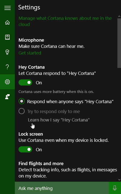 Impostazioni Cortana