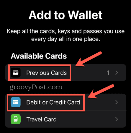 Apple Pay aggiunge la carta precedente o una nuova carta di debito o credito