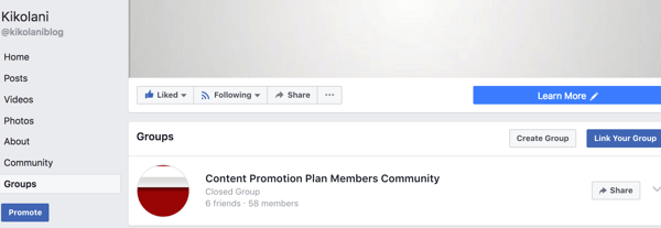 Il tuo gruppo collegato apparirà nella scheda Gruppi della tua pagina Facebook.
