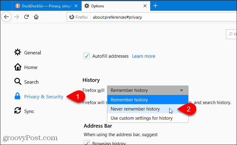 Seleziona Non ricordare mai la cronologia in Firefox