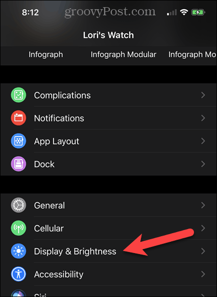 Tocca Display e luminosità nell'app Watch sul tuo iPhone