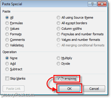 selezionando transpose in excel 2010 paste