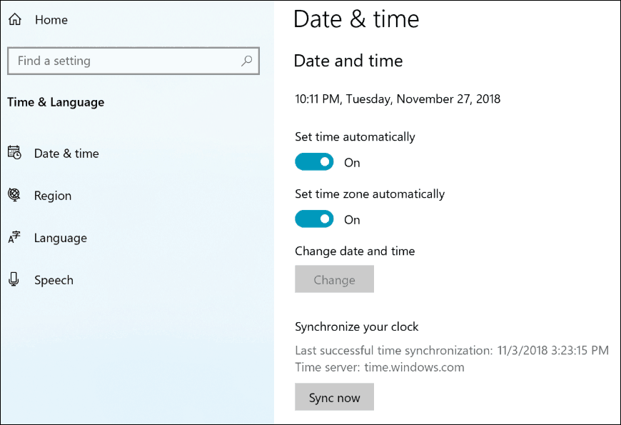 Impostazioni dell'orologio di sincronizzazione di Windows 10 19H1