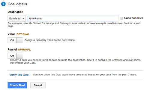 destinazione dell'URL dell'obiettivo di Google Analytics