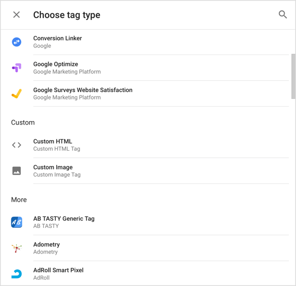 Scegli il tipo di tag che desideri aggiungere a Google Tag Manager.
