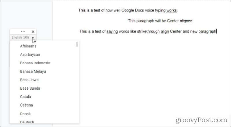 lingue per la digitazione vocale di Google Docs