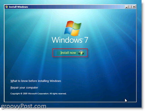 Menu di installazione di Windows 7
