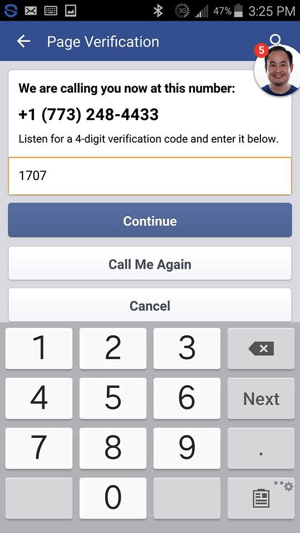 Inserisci il codice di verifica che hai ricevuto da Facebook e tocca Continua.