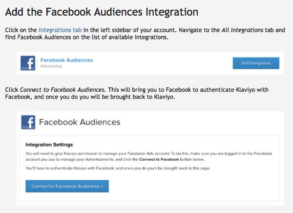 L'integrazione del pubblico di Facebook di Klaviyo è facile da usare.