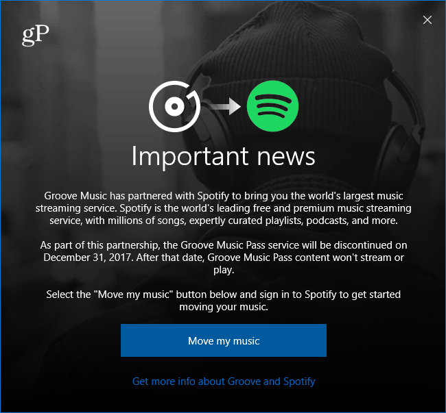 Microsoft Groove Music Passa al messaggio Spotify