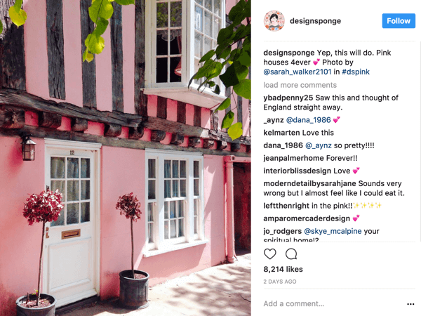 DesignSponge incoraggia i follower di Instagram a contribuire con foto basate su un hashtag in continua evoluzione che definisce un tema.