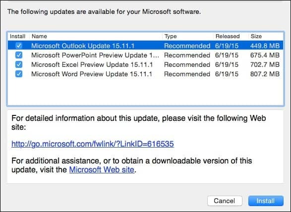 Aggiornamento di Office 2016 per Mac KB3074179