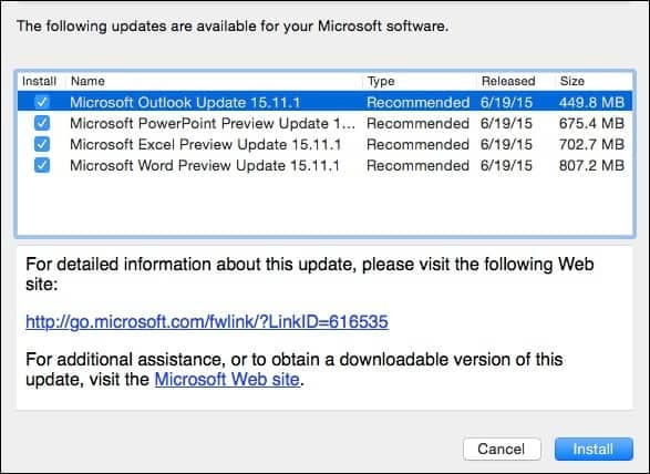 Aggiornamento dell'anteprima di Microsoft Office 2016 per Mac KB3074179