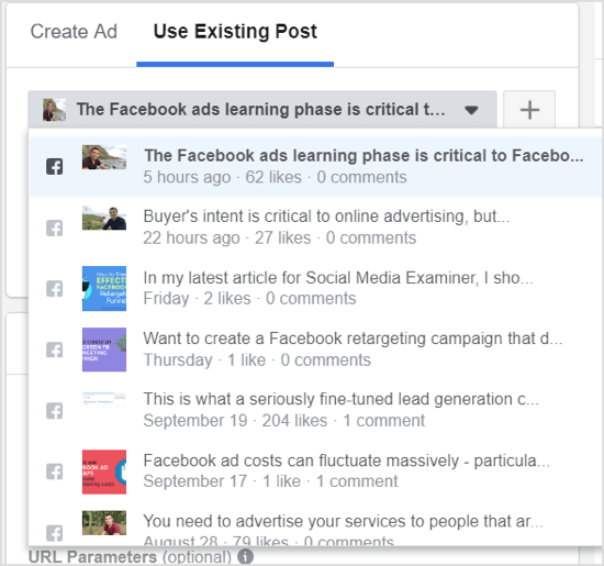 Fai clic sulla freccia in basso e scegli il tuo post dal menu a discesa dei post della tua pagina Facebook.