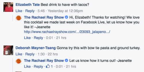 il raggio di Rachel mostra l'esempio di risposte ai commenti di Facebook
