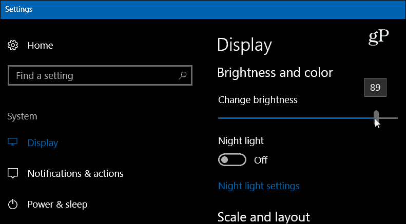 Impostazioni di Windows 10 Visualizza luminosità