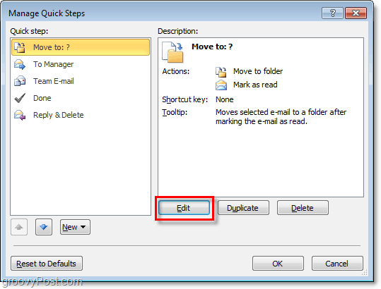 modificare i passaggi rapidi in Outlook 2010