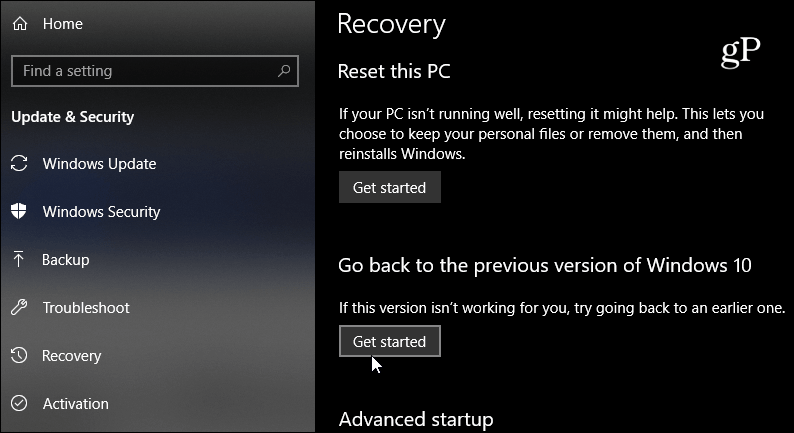 tornare alla versione precedente di Windows 10