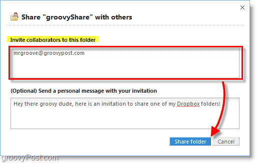 Schermata di Dropbox: invita le persone a utilizzare la tua cartella di condivisione