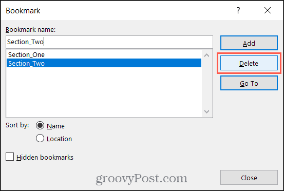 Fai clic per eliminare un segnalibro in Word