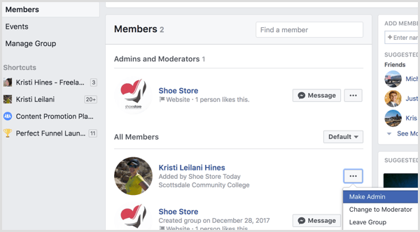 Facebook aggiunge il profilo al gruppo come amministratore