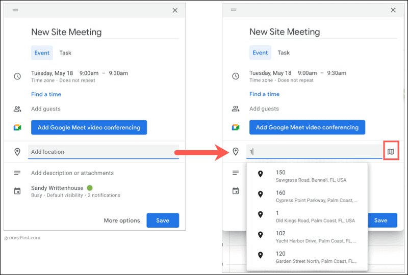 Icona di anteprima delle mappe di posizione in Google Calendar