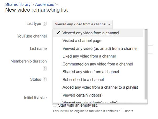 Puoi dividere i tuoi elenchi di spettatori di YouTube per il remarketing.