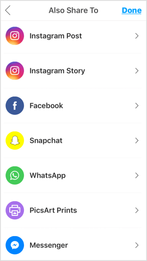 Le app mobili come PicsArt ti consentono di condividere la tua foto su Instagram, Facebook e altre piattaforme.