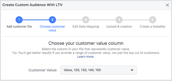 Scegli la colonna del valore del cliente nella finestra di dialogo Crea pubblico cliente con LTV.
