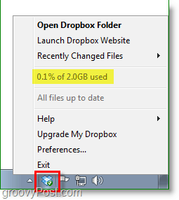 Schermata di Dropbox: l'icona della barra delle applicazioni di Dropbox oscilla