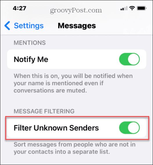 nascondere i messaggi di spam di mittenti sconosciuti su iPhone