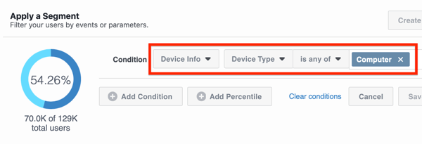 come applicare il segmento ai dati di Facebook Analytics