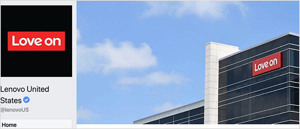 Questo è uno screenshot dell'intestazione della pagina Facebook di Lenovo. Sulla sinistra c'è un'immagine del profilo quadrato con uno sfondo nero. Un rettangolo rosso orizzontale al centro dice Love On con lo stesso carattere che Lenovo usa per il suo marchio. La pagina è intitolata Lenovo United States con il nome utente @lenovoUS. Sulla destra c'è l'immagine di copertina, che mostra una foto di un edificio Lenovo e il cielo blu con nuvole sussurranti. Seth Godin ha annunci di Lenovo nel suo podcast Akimbo.