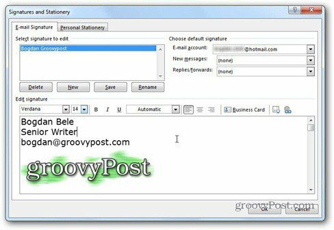 Outlook 2013 utilizza il logo groovypost firmato