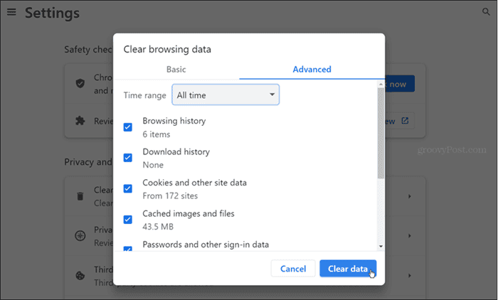 cancella i dati di navigazione di Chrome