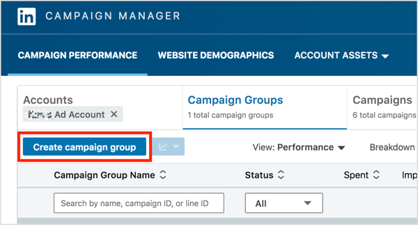 Nella scheda Gruppi di campagne di LinkedIn Campaign Manager, fai clic sul pulsante Crea gruppo di campagne.