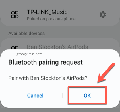 Conferma dell'associazione AirPods Android