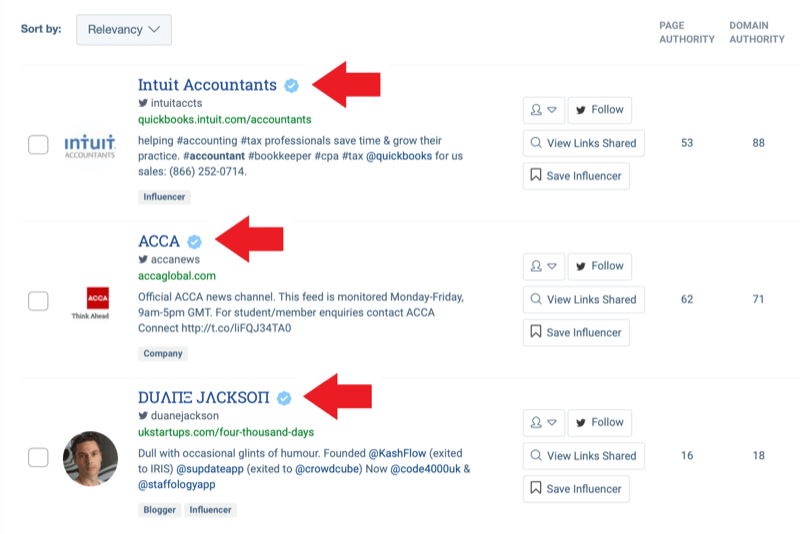 Strategia di social media marketing; Screenshot dei risultati di ricerca dallo strumento di identificazione degli influencer di BuzzSumo dopo aver inserito la parola chiave "contabilità".