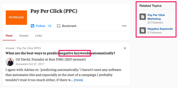 Esempio di risultato di ricerca Quora che include il termine di ricerca "PPC" e la frase "parole chiave a corrispondenza inversa".