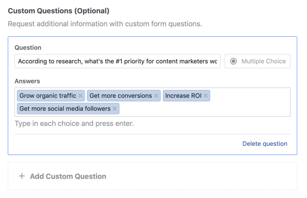Esempio di domande e opzioni di risposta per una domanda per una campagna pubblicitaria principale di Facebook.