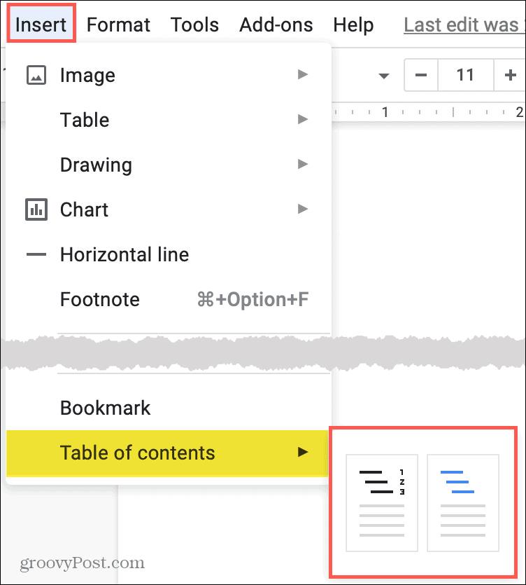 Inserisci il sommario in Google Docs