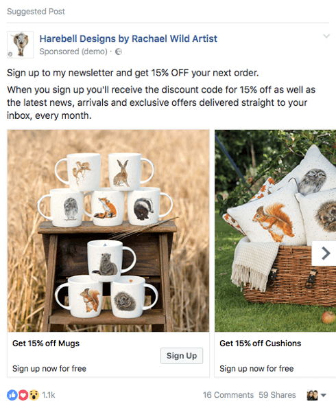 Questa azienda di e-commerce sta promuovendo un magnete guida con codice sconto in un annuncio di Facebook.