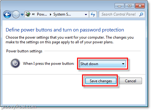 regola cosa farà il pulsante di spegnimento di Windows 7, fai clic su Salva modifiche per terminare