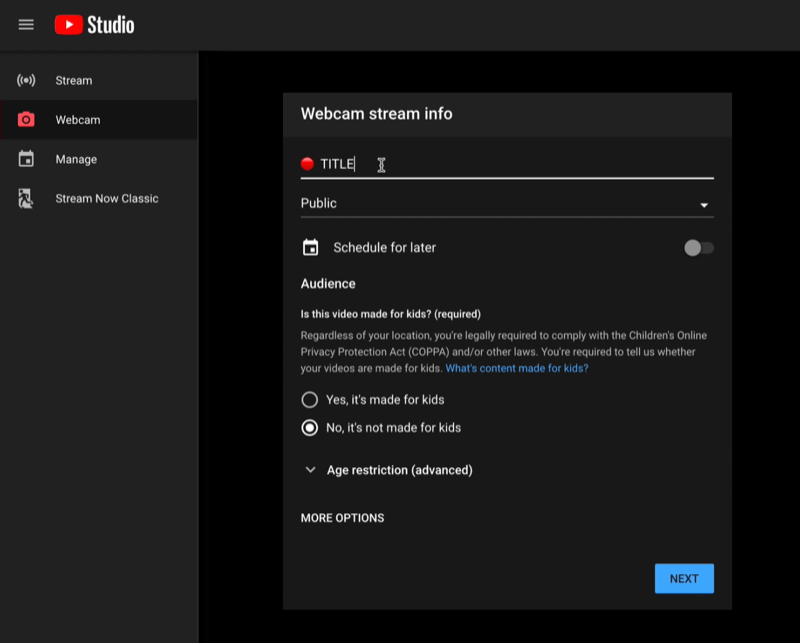 youtube studio go live menu live streaming dashboard con i dettagli delle informazioni sullo streaming webcam pronti per essere impostati