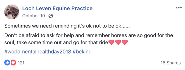 Esempio di post su Facebook con emoji di Lock Leven Equine Practice.